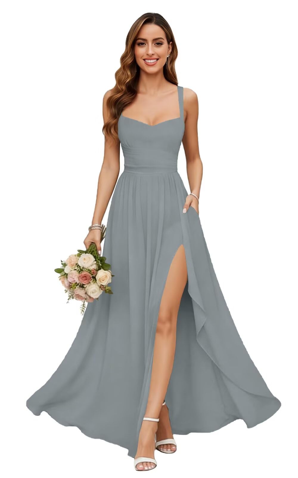 Chiffon Bridesmaid Dresses for Women Long Spaghetti Straps A-line Pleated Formal Evening Party Gowns with Pockets