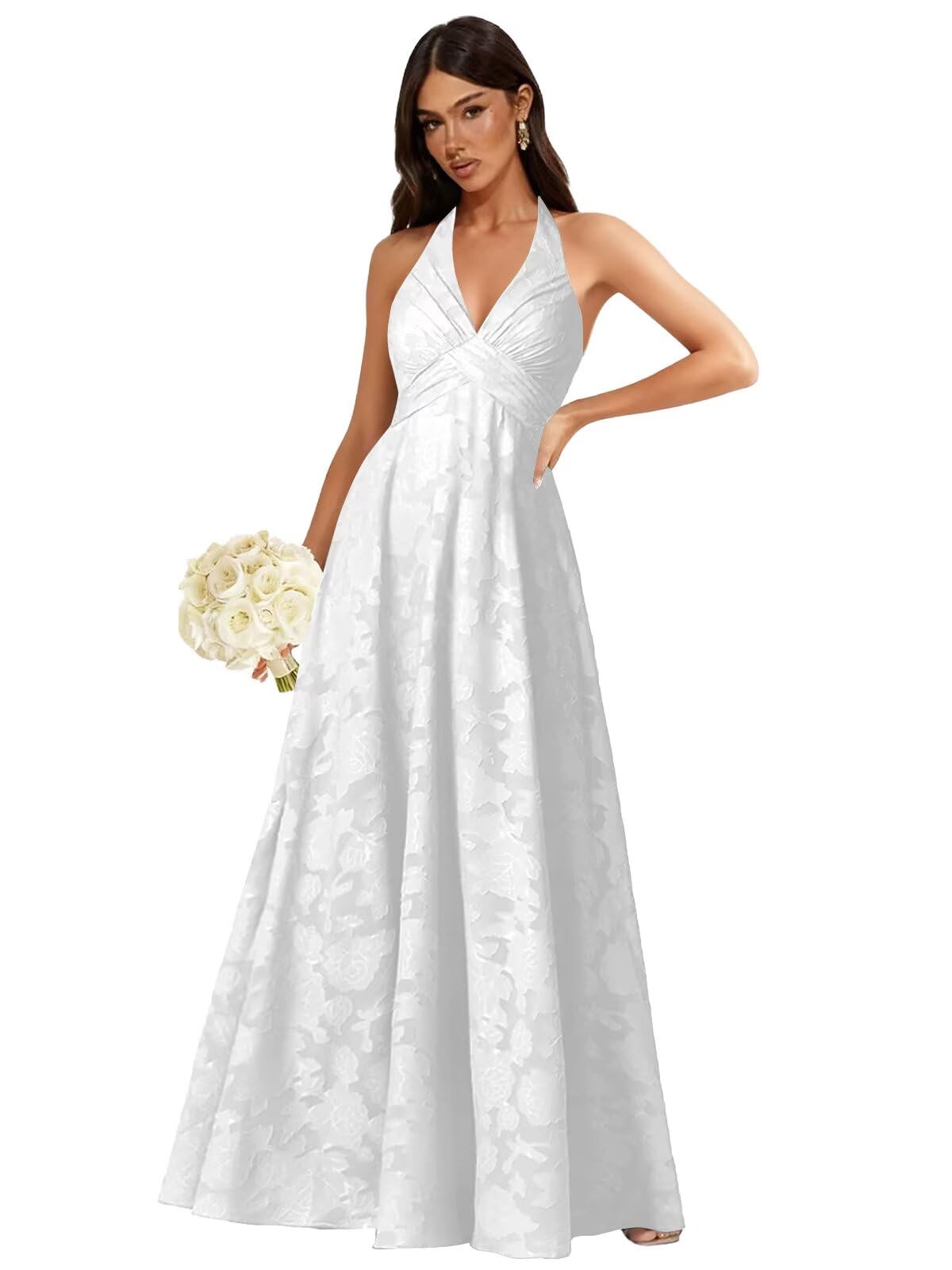 Floral Lace Bridesmaid Dresses for Women Long V Neck A-Line Open Back Halter Formal Evening Gown