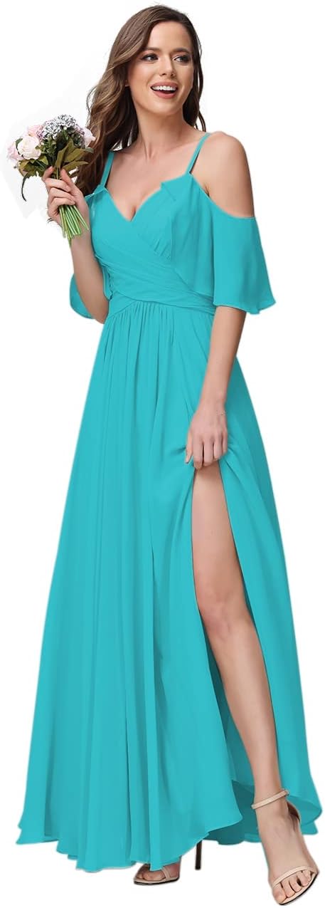 Women's Long Spaghetti Straps Bridesmaid Dress with Slit Off Shoulder Chiffon Formal Party Gowns