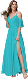 Women's Long Spaghetti Straps Bridesmaid Dress with Slit Off Shoulder Chiffon Formal Party Gowns