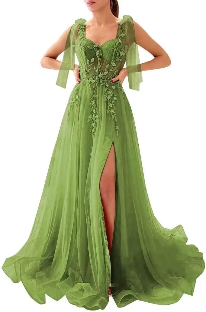 Appliques Tulle Lace Prom Dresses with Slit Spaghetti Straps Formal Evening Dress Sweetheart Ball Gowns