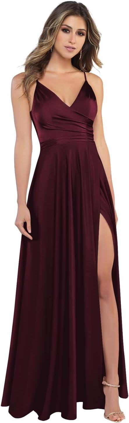 Damen-Brautjungfernkleider aus Satin mit V-Ausschnitt und Schlitz, Spaghettiträgern, formelle Ballkleider mit Taschen 