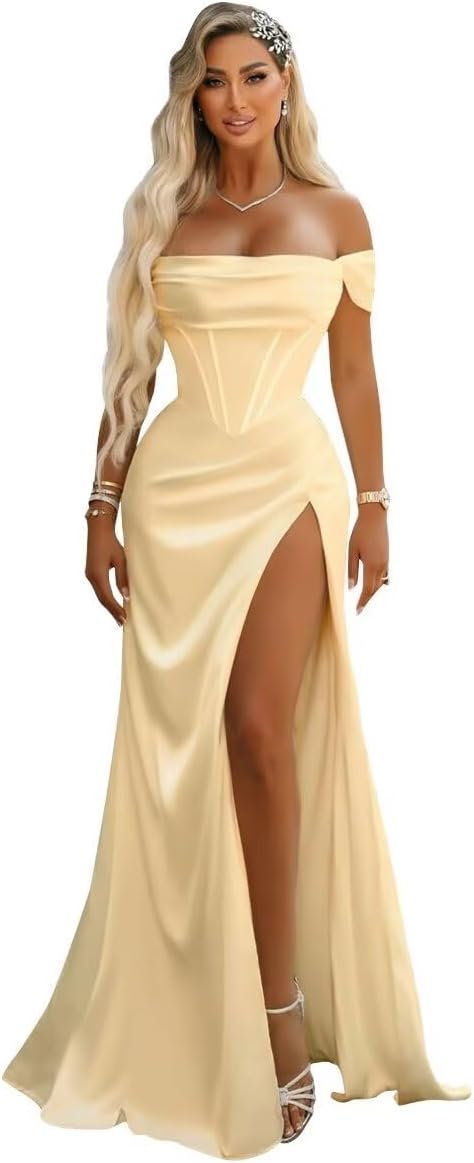 Off Shoulder Mermaid Prom Dresses with Slit 2027 Long Satin Pleated Formal Dress for Women Evening Party