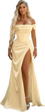 Off Shoulder Mermaid Prom Dresses with Slit 2027 Long Satin Pleated Formal Dress for Women Evening Party