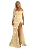 Off Shoulder Mermaid Prom Dresses with Slit 2027 Long Satin Pleated Formal Dress for Women Evening Party