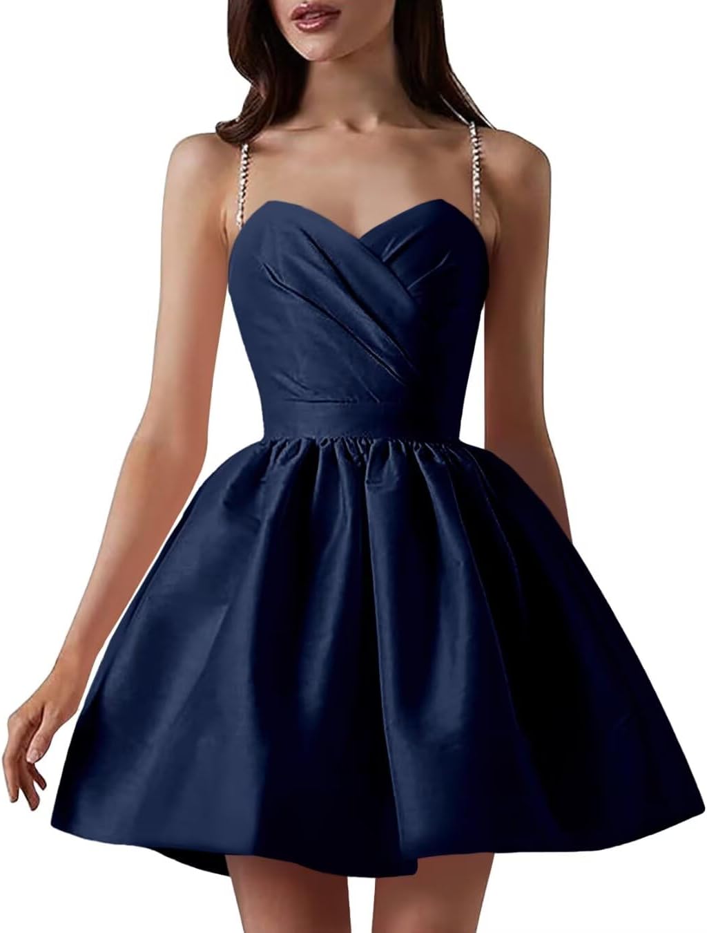 Satin Homecoming Dresses for Teens Spaghetti Straps Short Prom Dress A-Line Cocktail Wedding Guest Dress