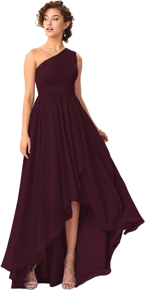Women's One Shoulder Bridesmaid Dresses High Low Chiffon Formal Party Gowns with Pockets