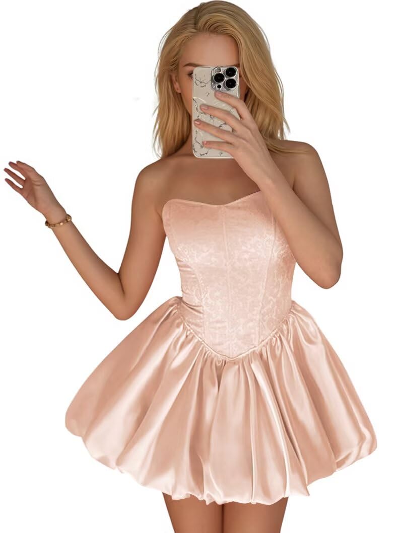 Strapless Satin Homecoming Dresses for Teens Jacquard Short Prom Dress A-line Cocktail Party Gowns with Pockets