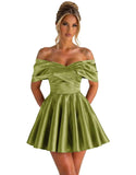 Off Shoulder Satin Homecoming Dresses for Teens 2026 Short Prom Dress A-line Pleated Cocktail Party Gowns