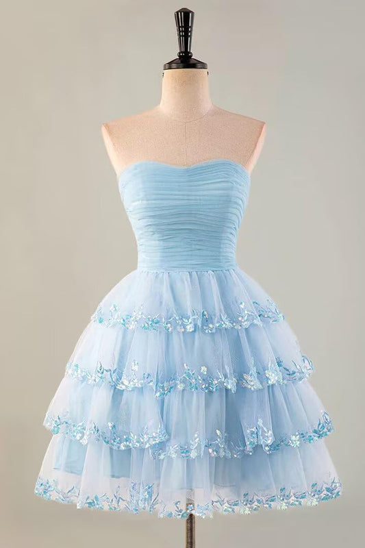 Homecoming Dresses Short Strapless Lace Appliques Tiered Ruffle Tulle Formal Cocktail Party Gowns for Teens