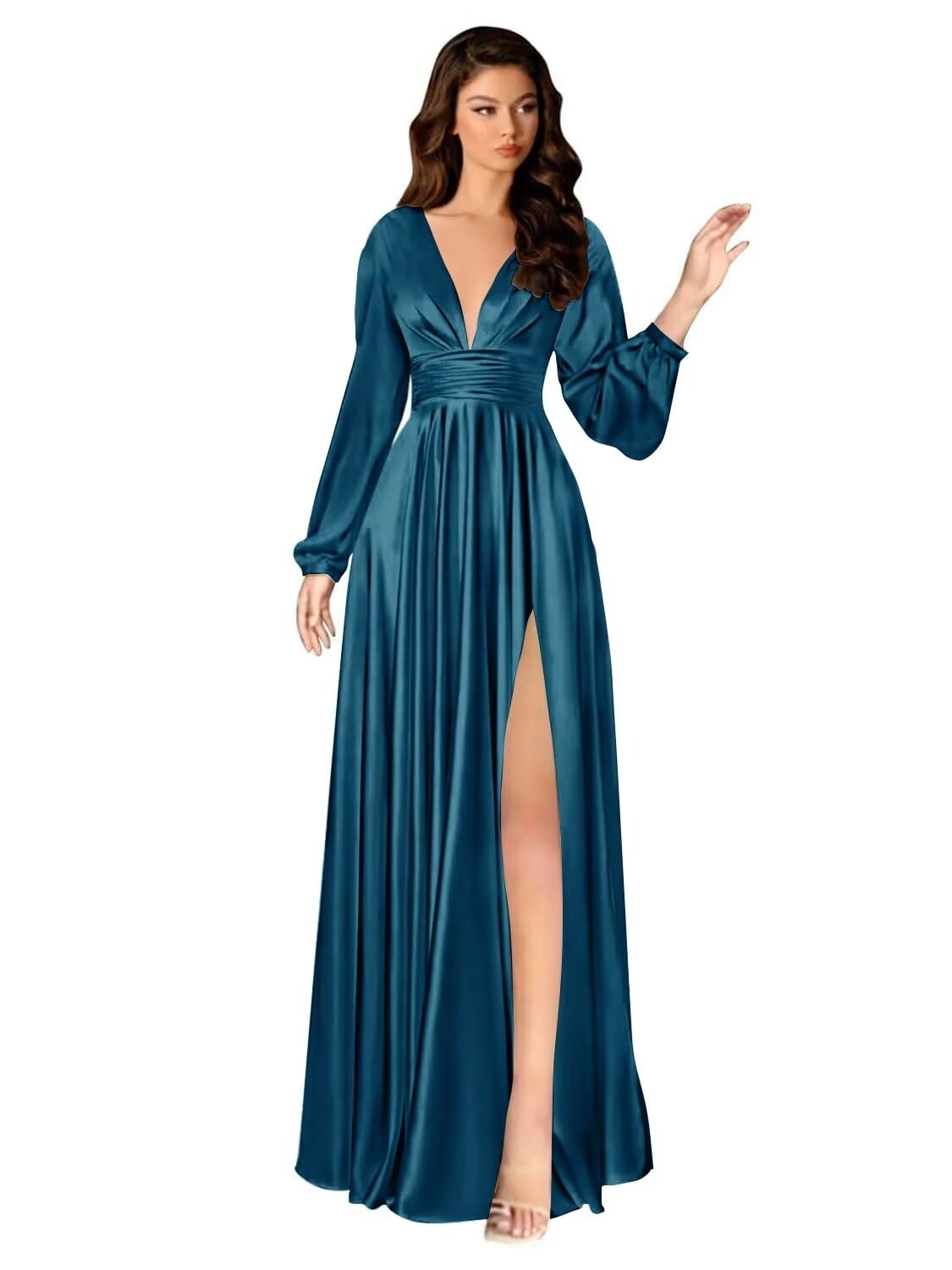 Kingbridal Gowns Long Sleeve Satin Bridesmaid Dresses for Women Long A-Line V-Neck Pleated Formal Evening Party Ball Gown with Slit