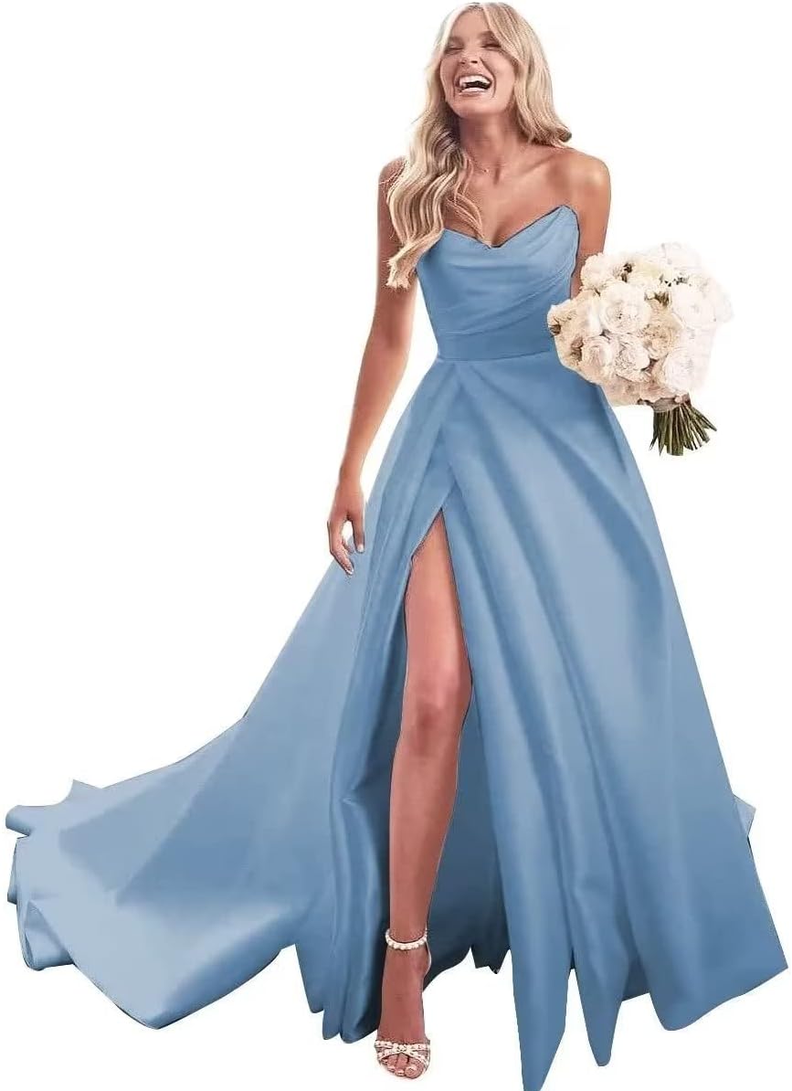 Trägerloses Ballkleid, langes Ballkleid, Satin-Brautkleid für die Braut, A-Linie, formelle Abendkleider mit Schlitz 