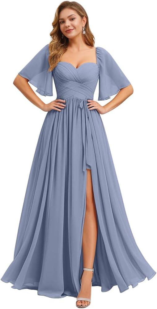 Women's Chiffon Bridesmaid Dresses for Wedding Flutter Sleeves Ruched A Line Long Formal Dress with Slit