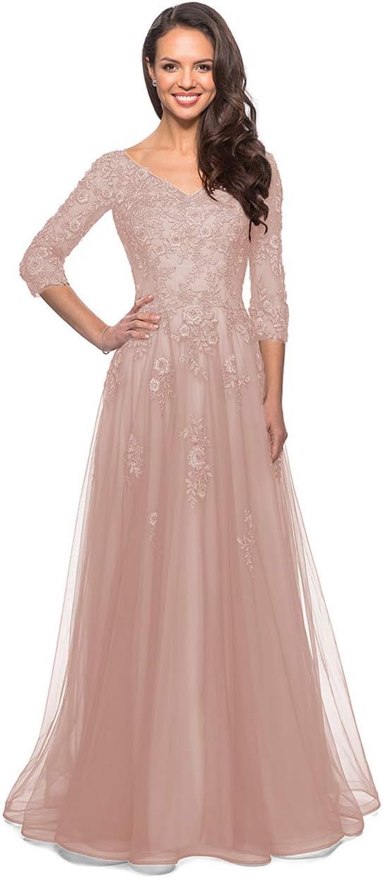 Women's Floral Lace Appliques 3/4 Sleeve Mother of The Bride Dresses Long V Neck Formal Dresses with Pockets