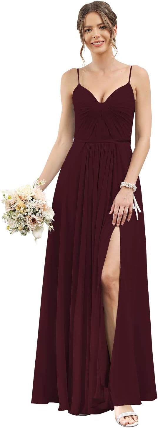 Vestidos de dama de honor largos con tirantes finos y bolsillos, plisados, formales, de noche, con abertura 