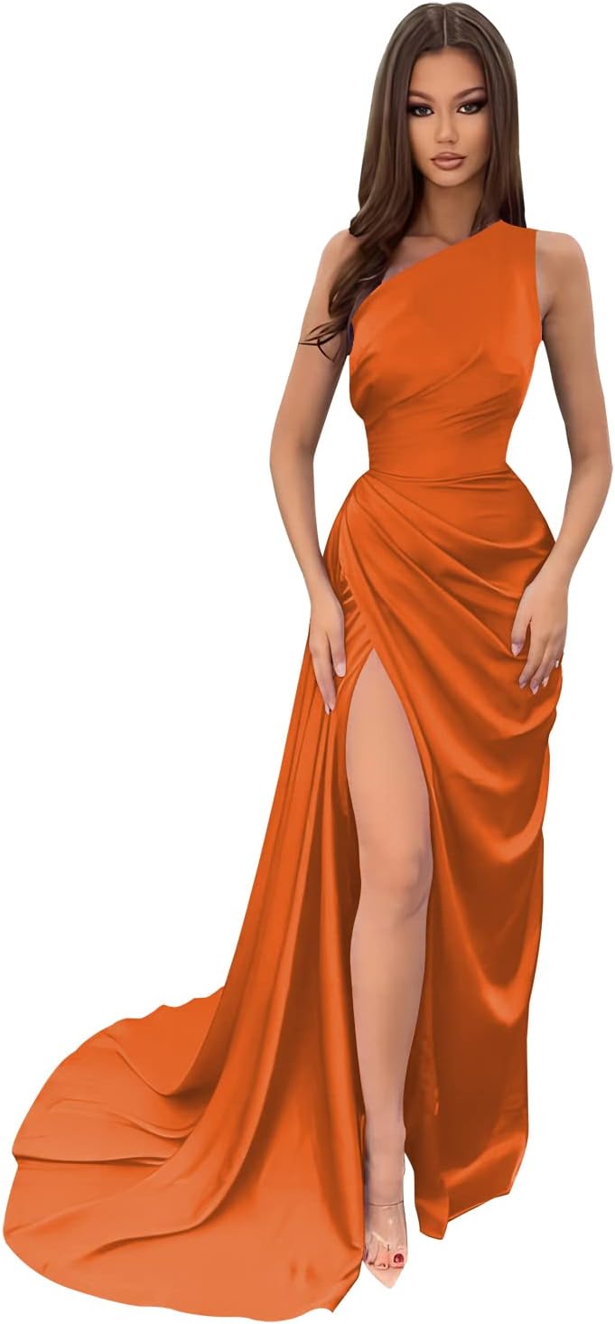 Vestidos de dama de honor largos con un hombro al descubierto y pliegues de satén estilo sirena para fiesta de boda formal 