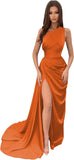 Vestidos de dama de honor largos con un hombro al descubierto y pliegues de satén estilo sirena para fiesta de boda formal 