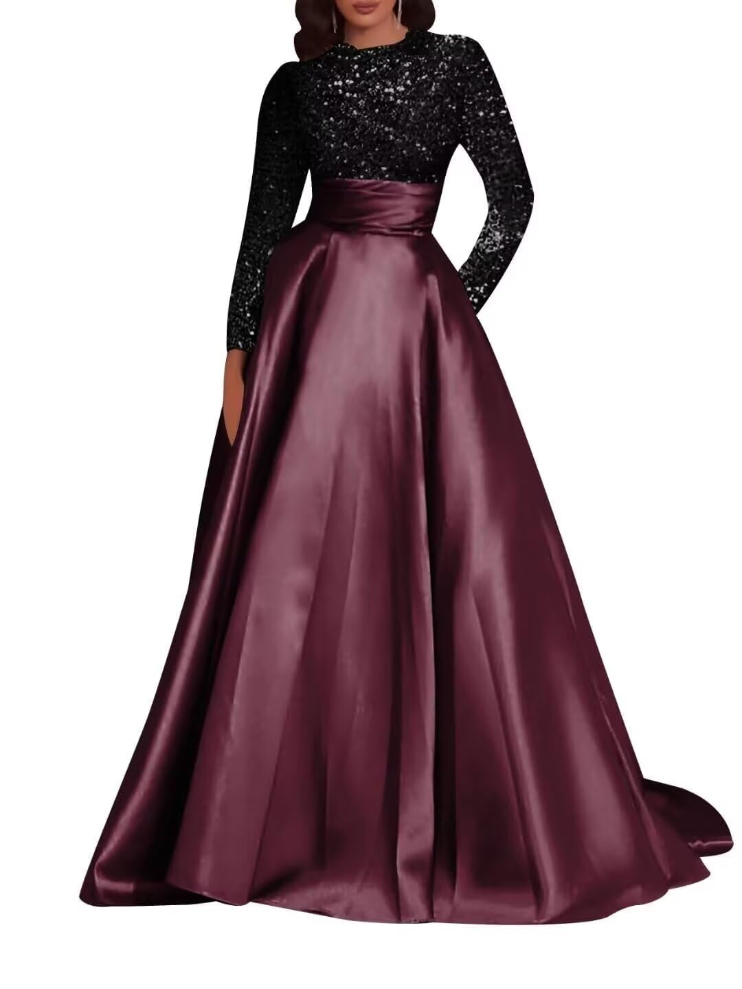 Kingbridal Gowns Long Sleeve Sequin Prom Dresses for Women Satin A-line Formal Dress 2026 Sparkly Evening Party Gowns with Pockets