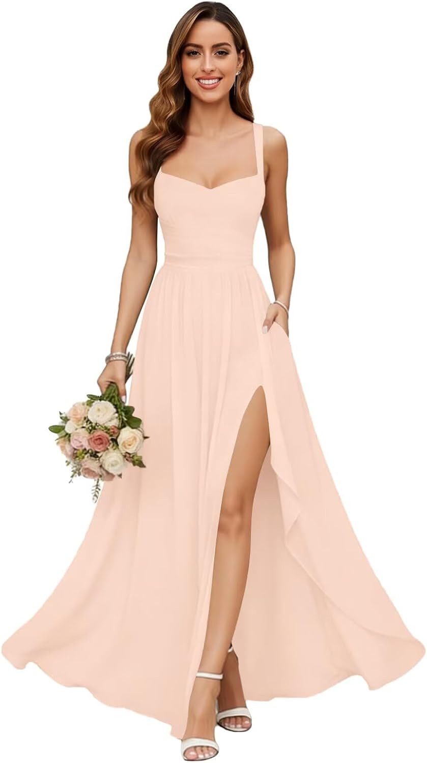 Chiffon Bridesmaid Dresses for Women Long Spaghetti Straps A-line Pleated Formal Evening Party Gowns with Pockets