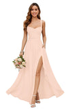 Chiffon Bridesmaid Dresses for Women Long Spaghetti Straps A-line Pleated Formal Evening Party Gowns with Pockets