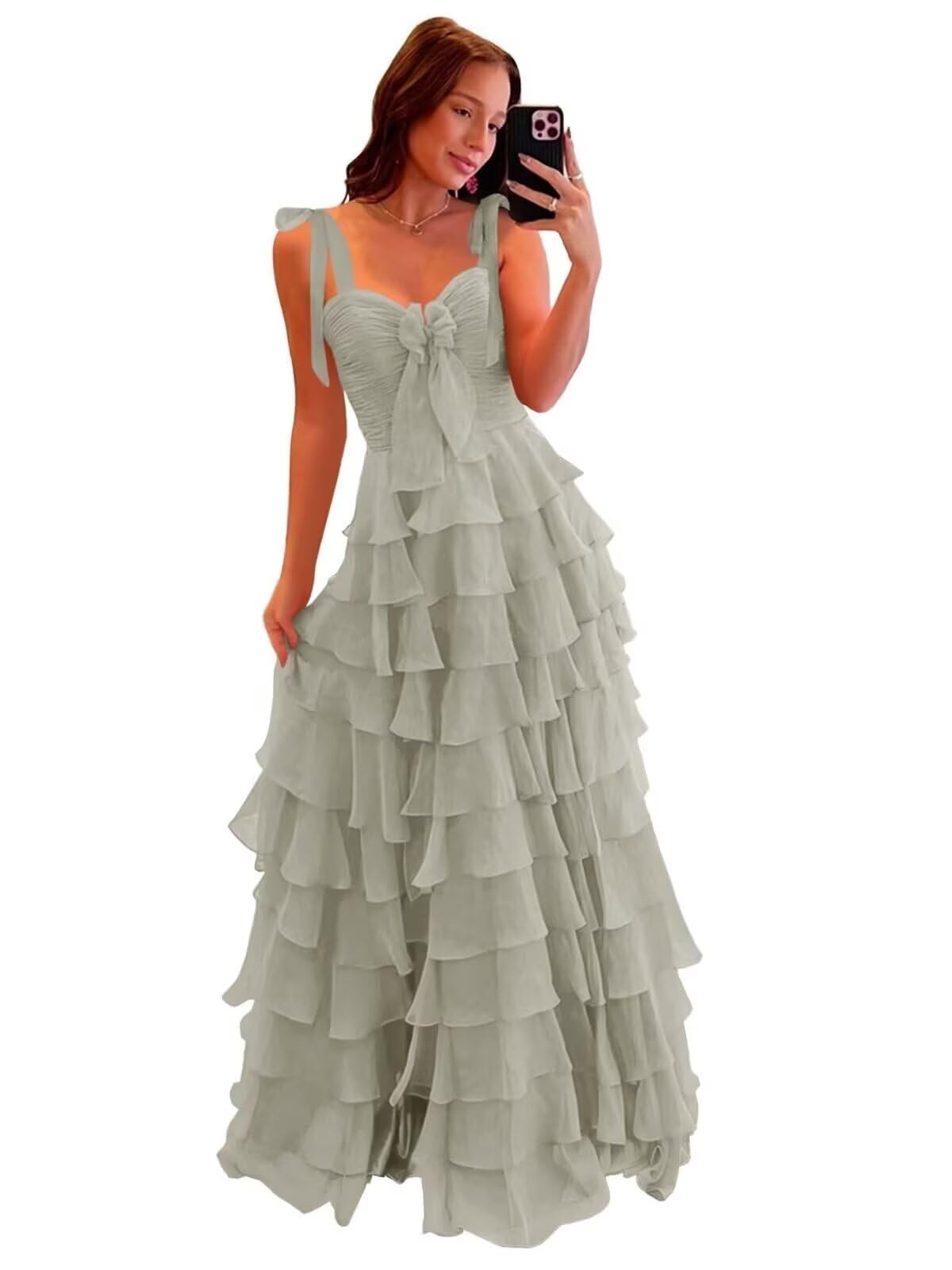 Tiered Prom Dresses with Bow Long A-Line Chiffon Formal Evening Dress for Women Spaghetti Straps Slit Ball Gown