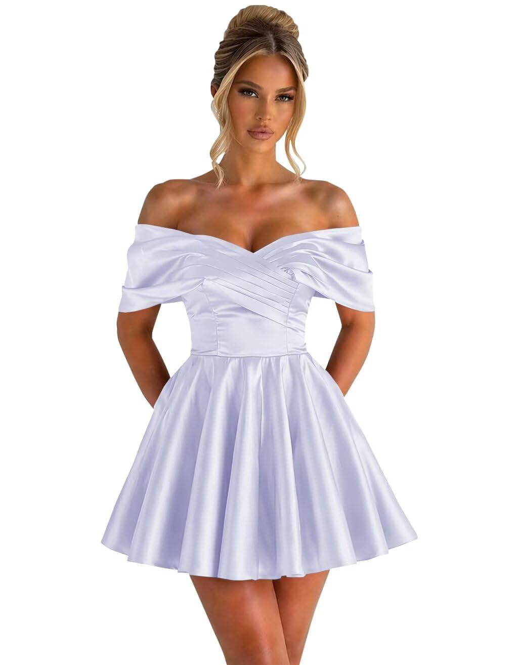 Off Shoulder Satin Homecoming Dresses for Teens 2026 Short Prom Dress A-line Pleated Cocktail Party Gowns