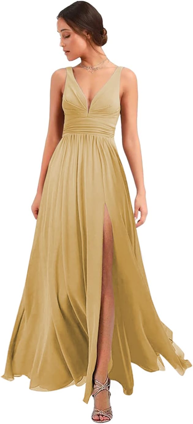 Women's Deep V Neck Bridesmaid Dresses with Slit Chiffon Pleats A Line Formal Party Dresses with Pockets