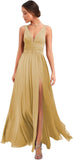 Women's Deep V Neck Bridesmaid Dresses with Slit Chiffon Pleats A Line Formal Party Dresses with Pockets