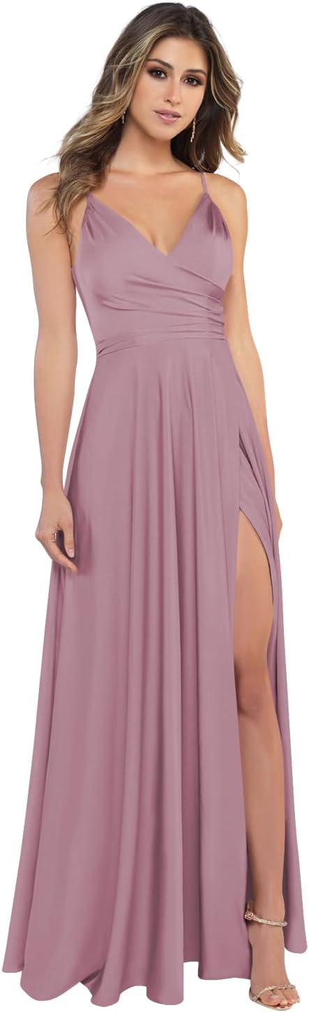 Damen-Brautjungfernkleider aus Satin mit V-Ausschnitt und Schlitz, Spaghettiträgern, formelle Ballkleider mit Taschen 