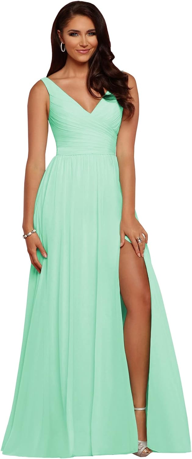 Vestidos de dama de honor largos con escote en V y abertura en gasa, corte A, plisados, para noche, fiesta formal