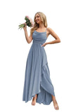 Spaghetti Strap Chiffon Bridesmaid Dresses for Women Long Ruched A-Line Cowl Neck Formal Evening Gowns with Slit