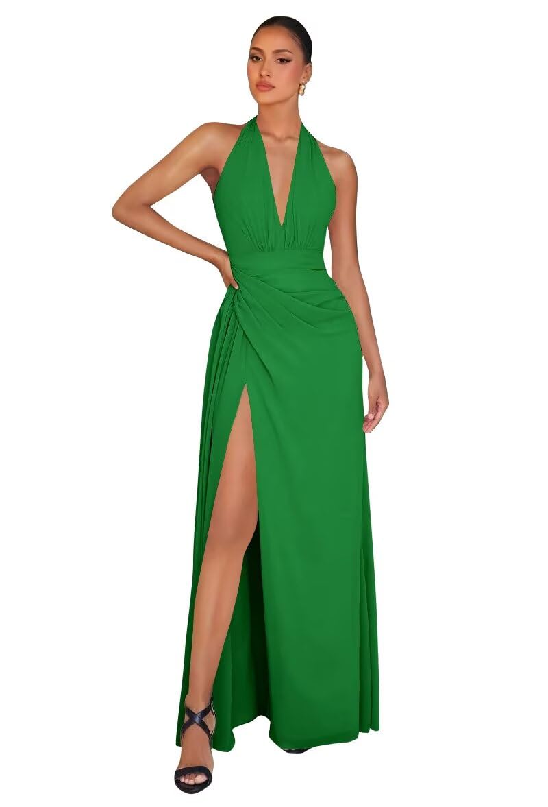 Chiffon Bridesmaid Dresses for Women Long Halter A-line Formal Dress with Slit 2026 Pleated Evening Party Gowns