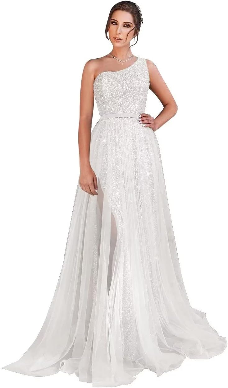 One-Shoulder-Ballkleid mit Pailletten, formelle Kleider für Damen, funkelnde Abendkleider, Tüll-Ballkleid 