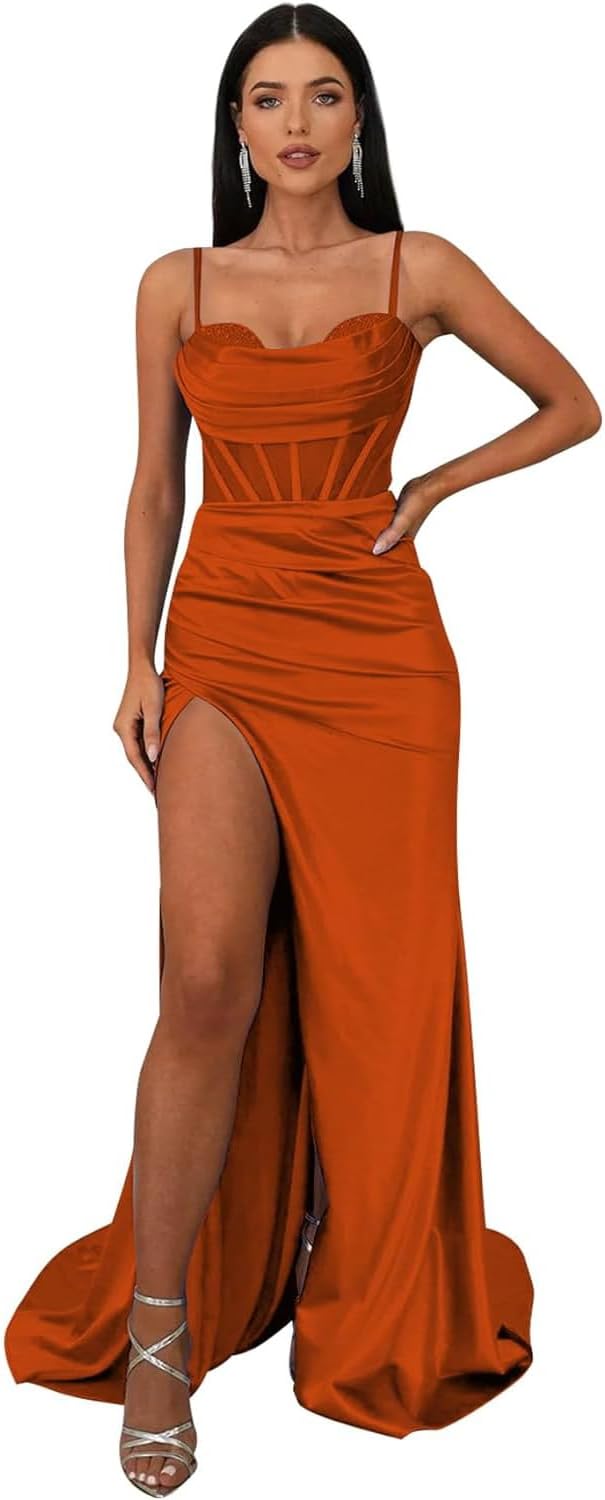 Ballkleider mit Wasserfallausschnitt, langen Spaghettiträgern, Illusion-Meerjungfrauen-Korsett, formelles Abendkleid mit Schlitz 