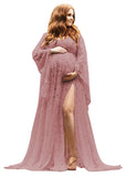 Women's Lace Maternity Dress for Photoshoot Long Puffy Sleeves V Neck Boho Pregnancy Gown for Baby Shower with Slit