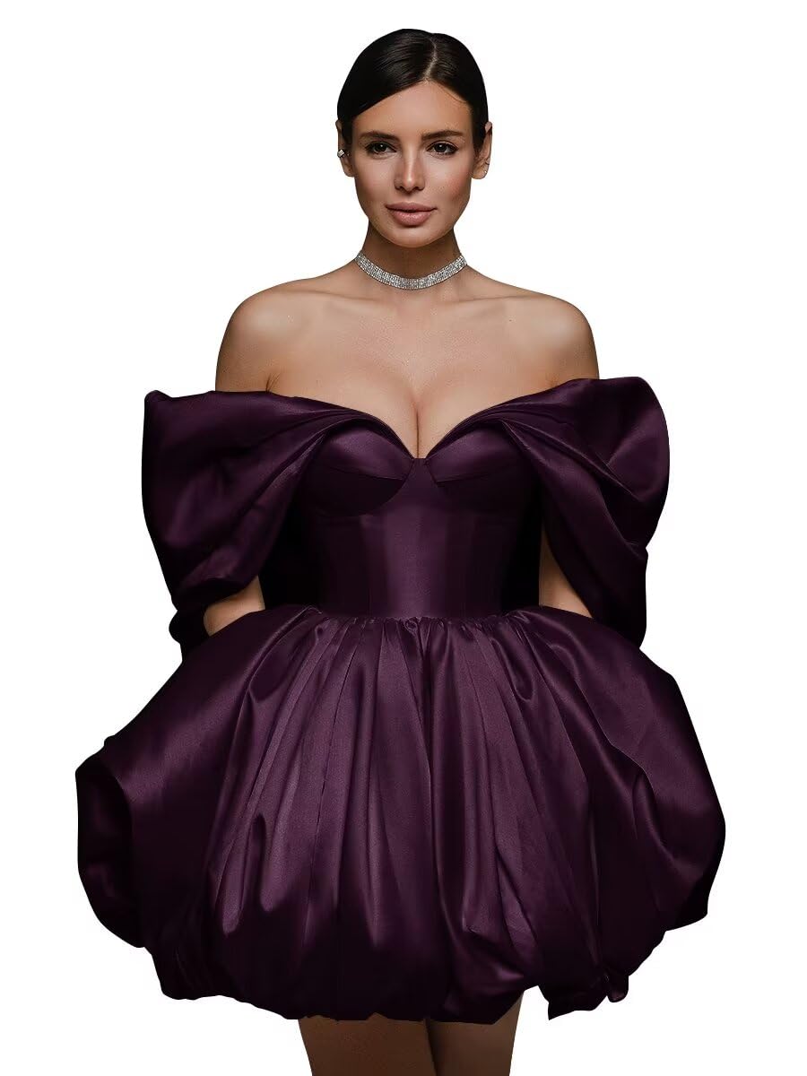 Off The Shoulder Short Wedding Dresses for Bride Puffy Satin Bridal Dresses w/Pockets Strapless Formal Ball Gowns