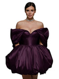 Off The Shoulder Short Wedding Dresses for Bride Puffy Satin Bridal Dresses w/Pockets Strapless Formal Ball Gowns