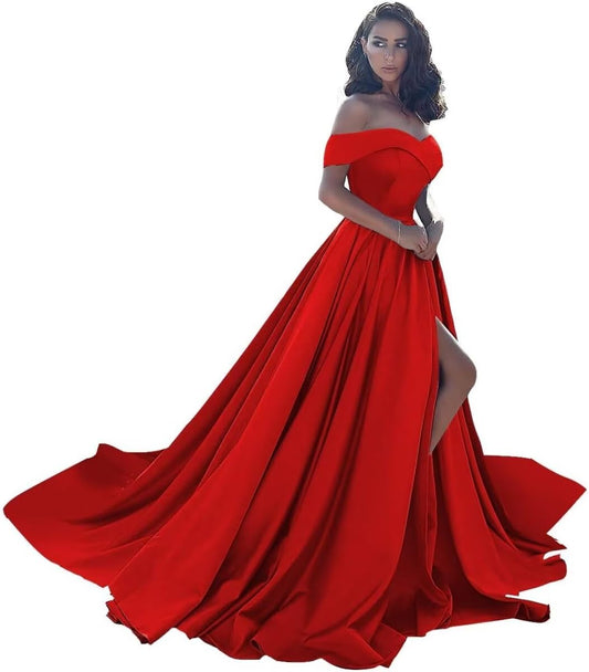 Schulterfreies Satin-Ballkleid, Ballkleid, Übergröße, formelle Kleider für Damen, Hochzeitskleid mit Schlitz 
