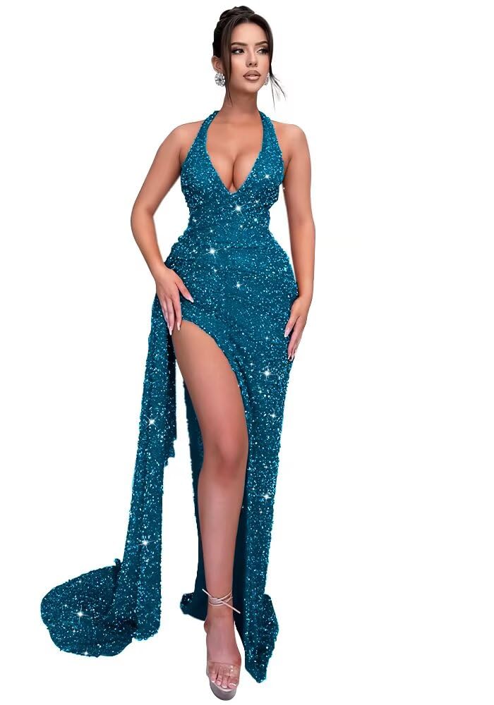Sparkly Sequin Halter Prom Dresses for Women Mermaid Formal Dress with Slit Backless Ruched Evening Party Gowns