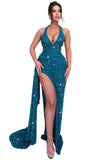 Sparkly Sequin Halter Prom Dresses for Women Mermaid Formal Dress with Slit Backless Ruched Evening Party Gowns