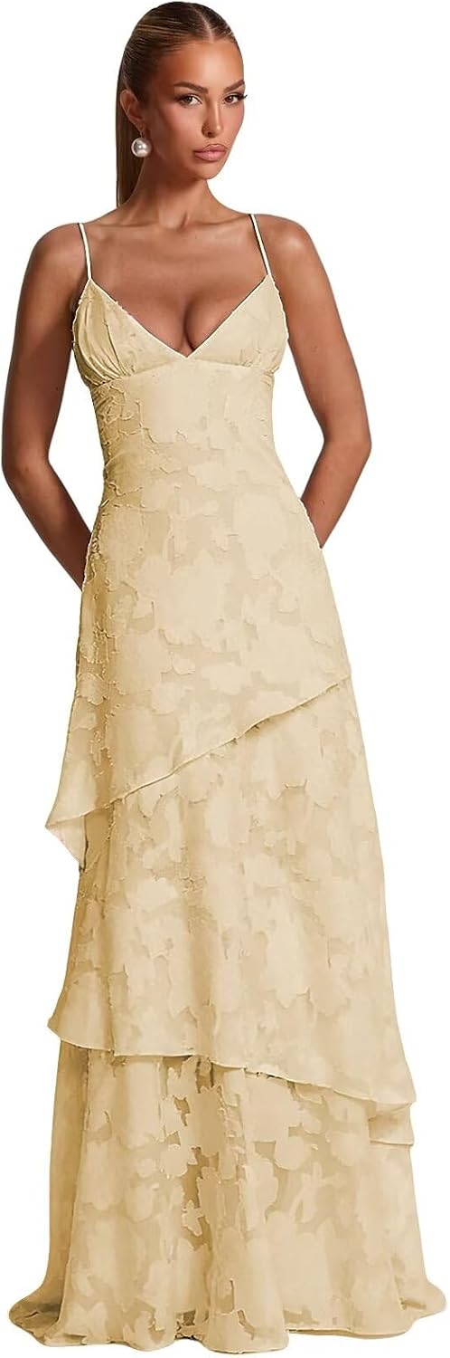 Spaghetti Strap Floral Bridesmaid Dresses for Women Tiered Ruffle A-Line Long Formal Prom Dress