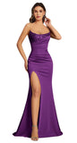 Mermaid Satin Prom Dresses for Women Strapless Sequin Formal Dress 2027 Pleated Evening Party Gowns with Slit