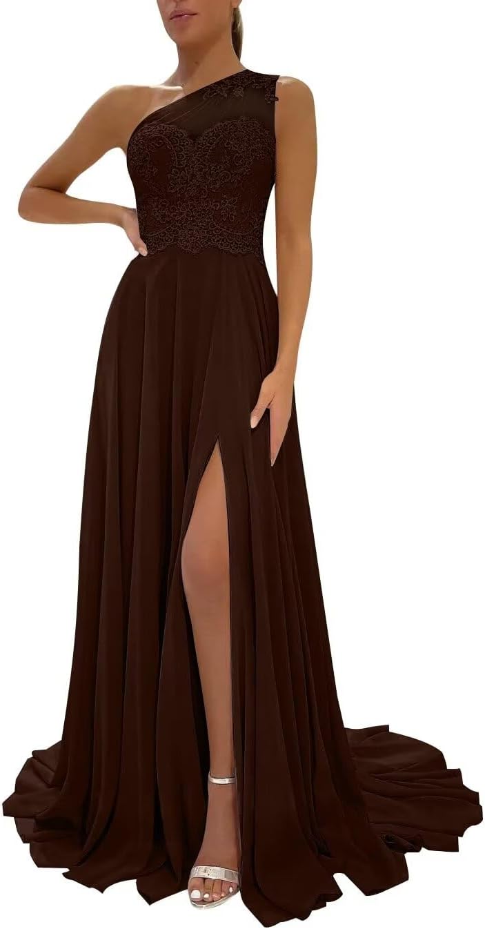 One Shoulder Chiffon Bridesmaid Dresses for Wedding 2026 Lace A-Line Slit Formal Evening Party Gown with Pockets
