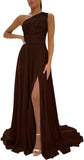 One Shoulder Chiffon Bridesmaid Dresses for Wedding 2026 Lace A-Line Slit Formal Evening Party Gown with Pockets