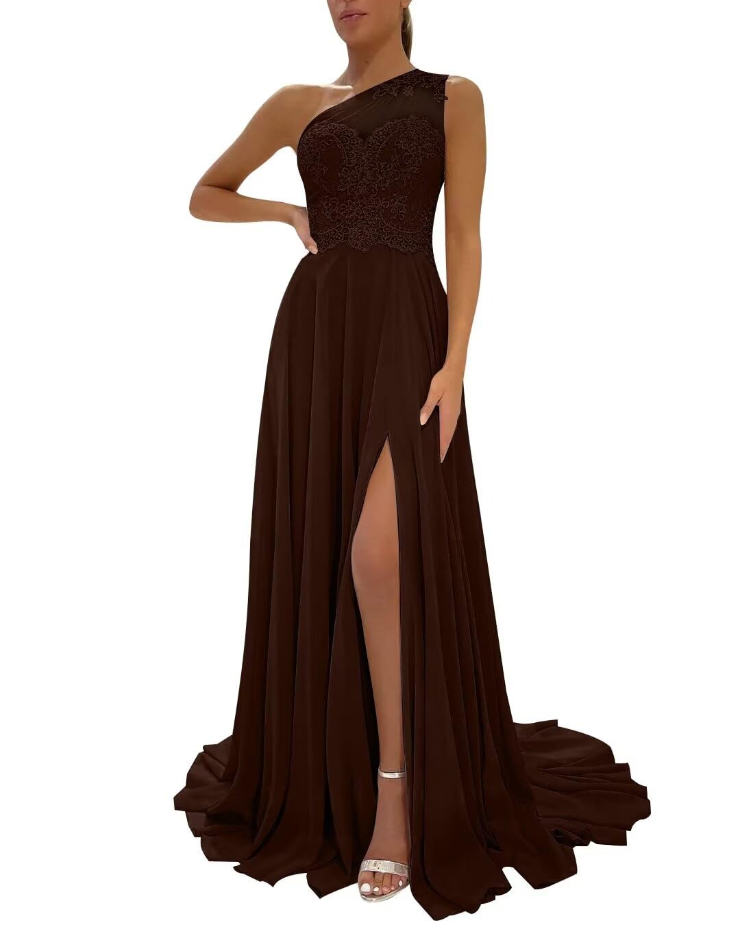 One Shoulder Chiffon Bridesmaid Dresses for Wedding 2026 Lace A-Line Slit Formal Evening Party Gown with Pockets