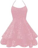 Sparkly Sequin Homecoming Dresses 2026 Spaghetti Straps Tiered Prom Dresses for Teens Short Cocktail Party Gowns