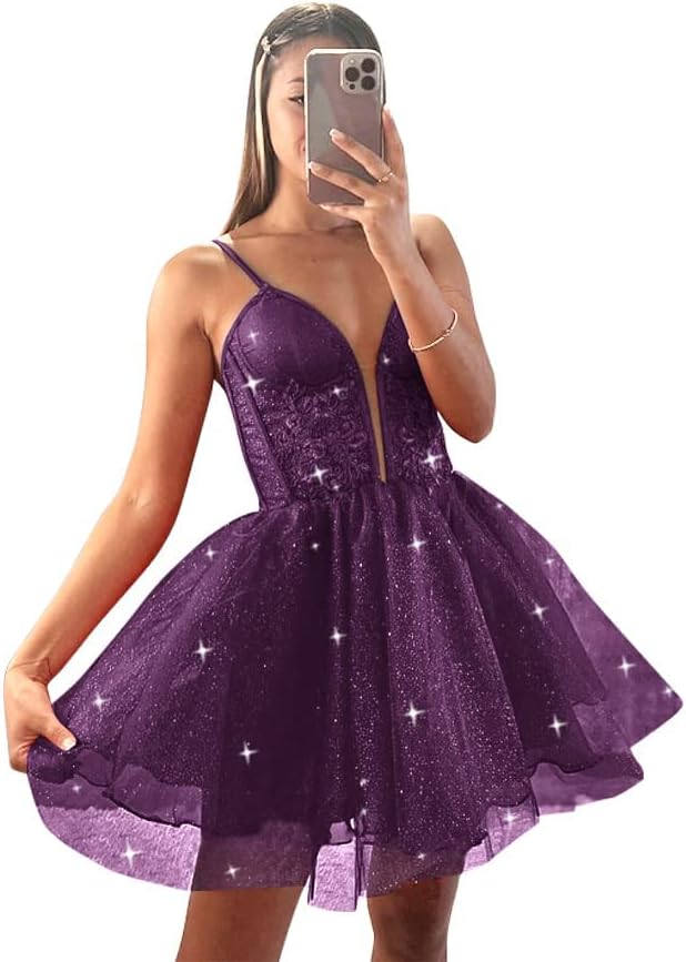 Glitter Tulle Homecoming Dresses for Teens Spaghetti V Neck Short Prom Dresses A Line Mini Cocktail Party Gowns