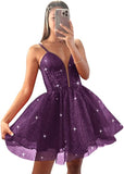 Glitter Tulle Homecoming Dresses for Teens Spaghetti V Neck Short Prom Dresses A Line Mini Cocktail Party Gowns