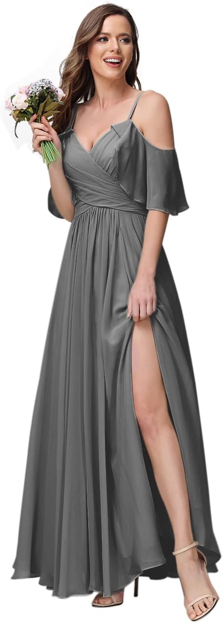 Women's Long Spaghetti Straps Bridesmaid Dress with Slit Off Shoulder Chiffon Formal Party Gowns