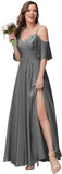 Women's Long Spaghetti Straps Bridesmaid Dress with Slit Off Shoulder Chiffon Formal Party Gowns